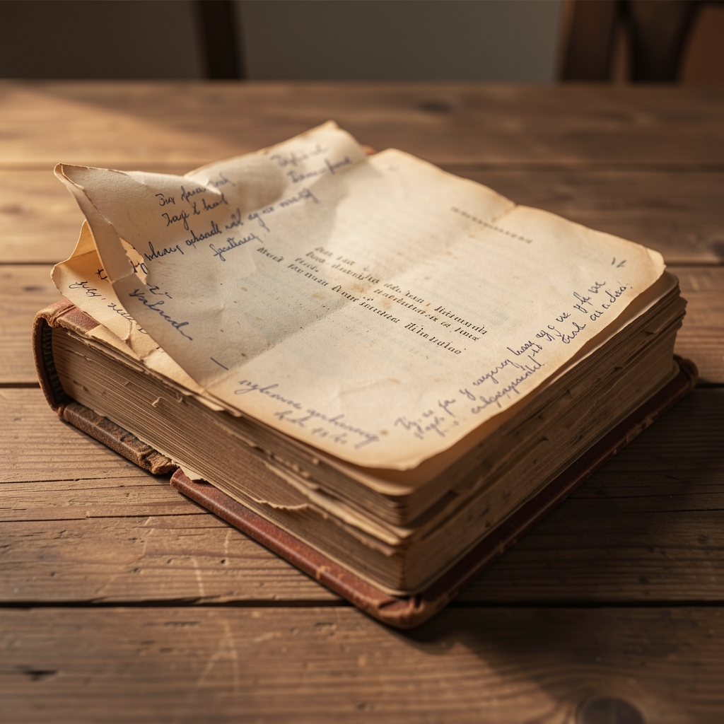Aufgeschlagenes altes Buch auf einem Holztisch, handgeschriebene Anmerkungen in den Rändern, Seiten leicht vergilbt, warmes Seitenlicht beleuchtet die Textur