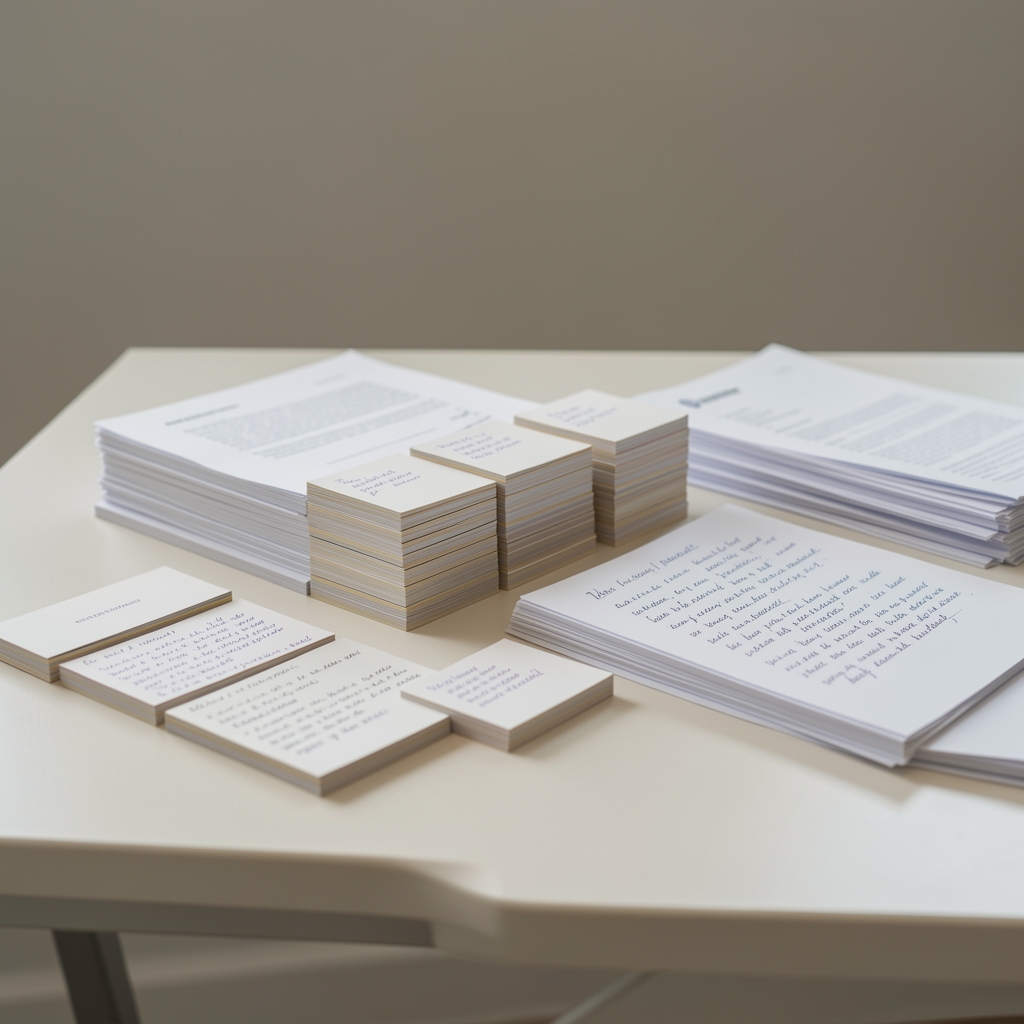 Ordentlich gestapelte Karteikarten und Dokumente auf einem hellen Schreibtisch, sorgfältig geordnete Sammlung von handgeschriebenen Notizen, neutraler Hintergrund