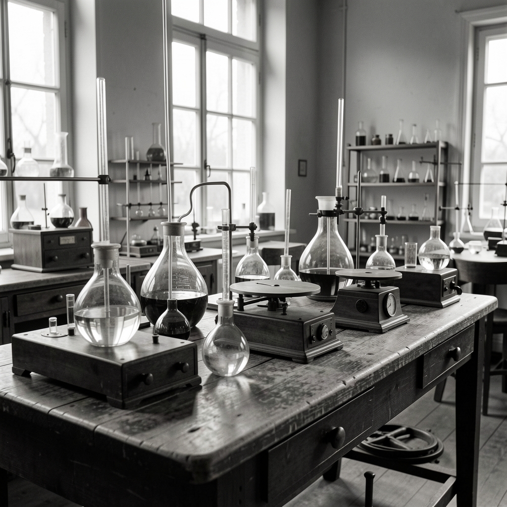 Schwarz-weiß Foto eines frühen wissenschaftlichen Laboratoriums aus dem frühen 20. Jahrhundert, Glaskolben, Waagen und Messinstrumente auf einem Tisch